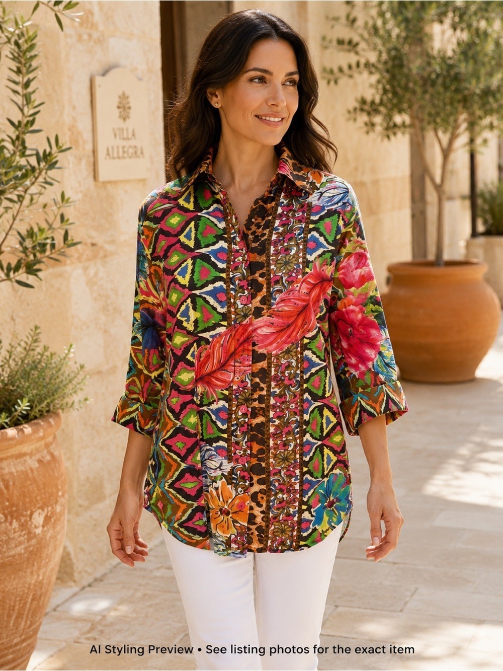 Antica Sartoria Italian Resort Art Tunic Feather Floral Boho S